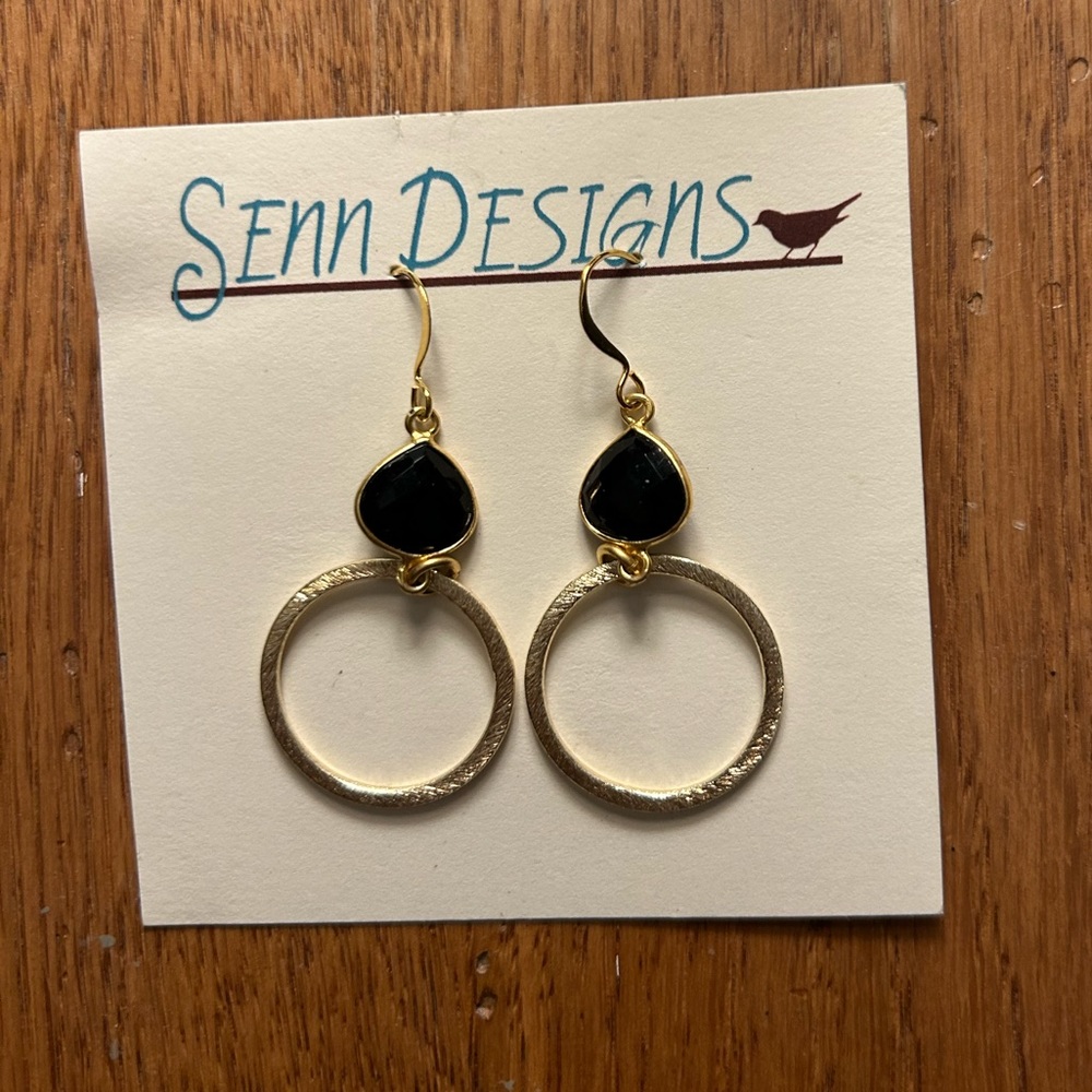 Handmade Gold Open Circle Earrings with Black Stone